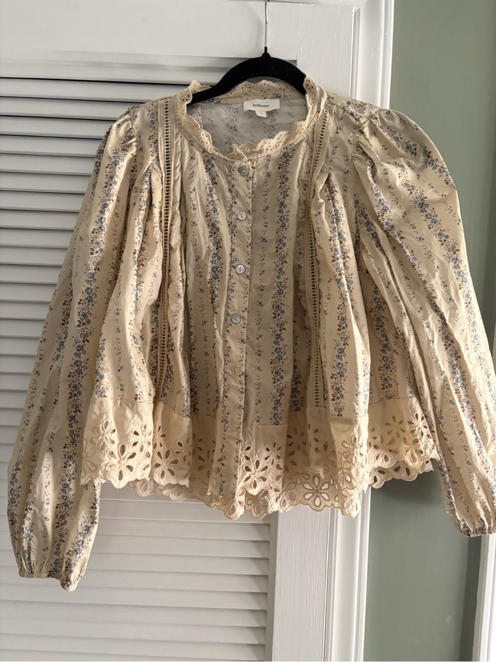 bohme Cream Floral Eyelet Hem Button-Front Blouse